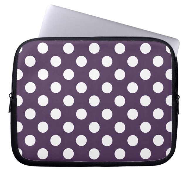 White polka dots on plum purple laptop sleeve (Front)