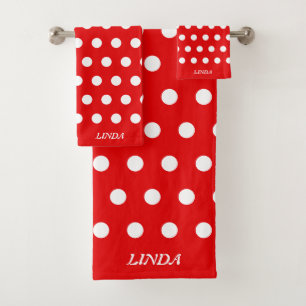 White Polka Dots on Red Bath Towel Set