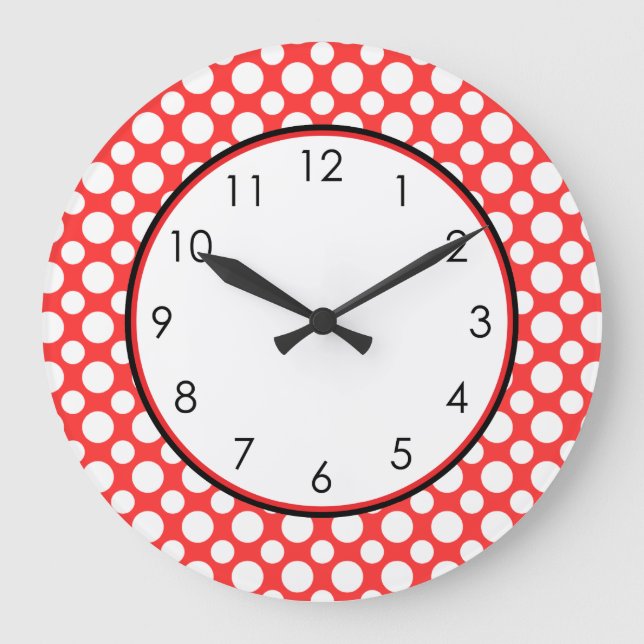 White Polka-Dots on Red With Numbers Clock (Front)
