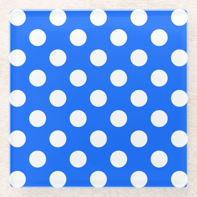 White polka dots on royal blue glass coaster (Front)