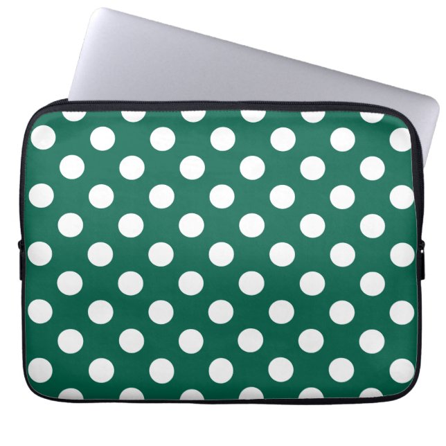 White polka dots on sage green laptop sleeve (Front)