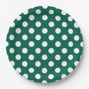 White polka dots on sage green paper plate