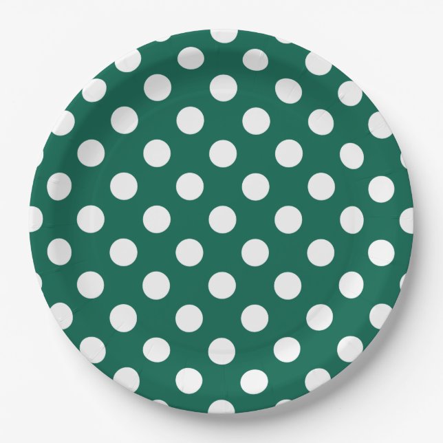 White polka dots on sage green paper plate (Front)