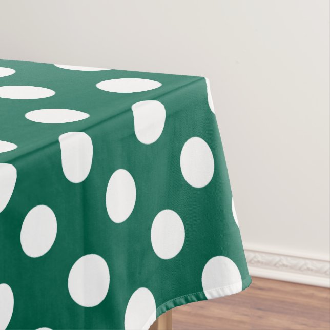 White polka dots on sage green tablecloth (In Situ)