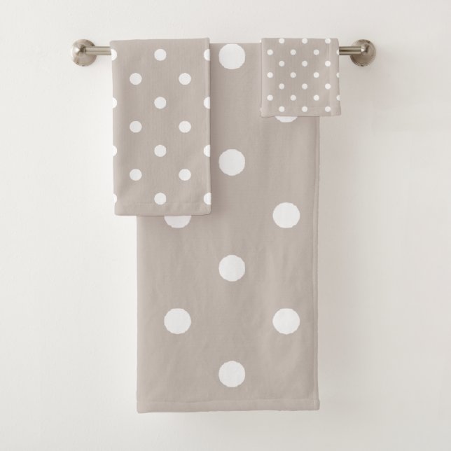 White Polka Dots on Soft Beige Bath Towel Set (Insitu)