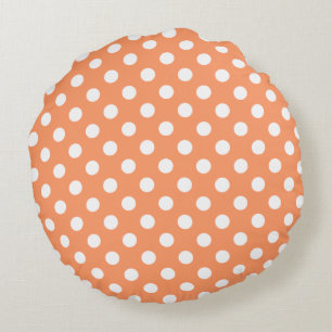 White Polka Dots on Tangerine Orange Round Pillow