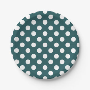 White polka dots on teal paper plate