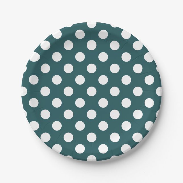 White polka dots on teal paper plate (Front)