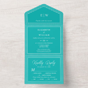 White Polka Dots on Teal – Personalized Wedding All In One Invitation