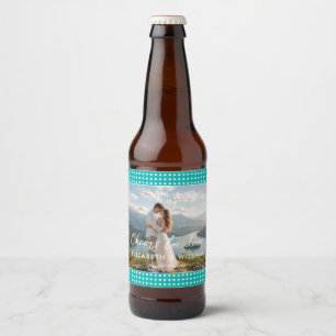 White Polka Dots on Teal – Personalized Wedding Beer Bottle Label