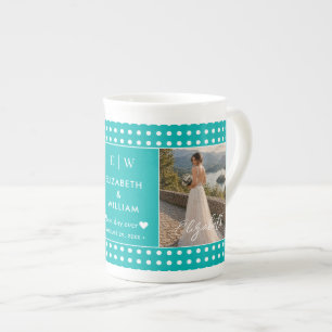 White Polka Dots on Teal – Personalized Wedding Bone China Mug