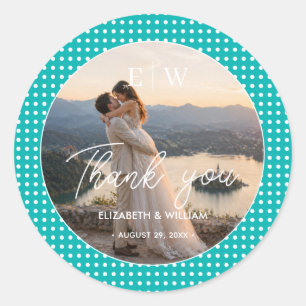 White Polka Dots on Teal – Personalized Wedding Cl Classic Round Sticker