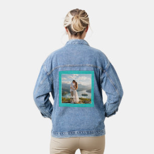 White Polka Dots on Teal – Personalized Wedding Denim Jacket