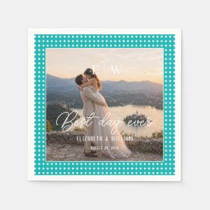 White Polka Dots on Teal – Personalized Wedding Napkin