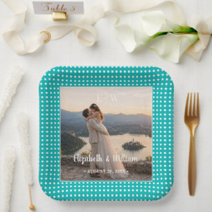 White Polka Dots on Teal – Personalized Wedding Paper Plate
