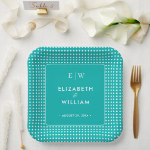 White Polka Dots on Teal – Personalized Wedding Paper Plate