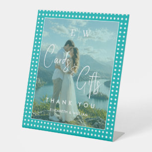 White Polka Dots on Teal – Personalized Wedding Pedestal Sign