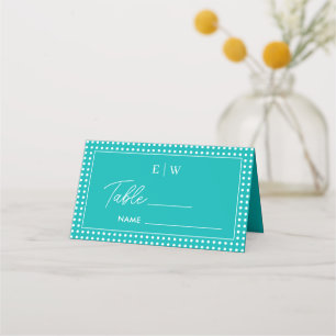 White Polka Dots on Teal – Personalized Wedding Place Card