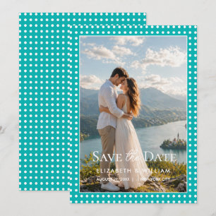 White Polka Dots on Teal – Personalized Wedding Save The Date