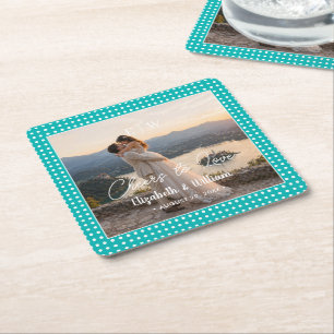 White Polka Dots on Teal – Personalized Wedding Square Paper Coaster