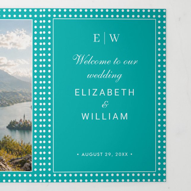White Polka Dots on Teal – Personalized Wedding Tri-Fold Programme (Cover)