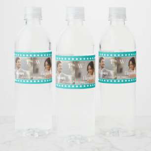 White Polka Dots on Teal – Personalized Wedding Water Bottle Label