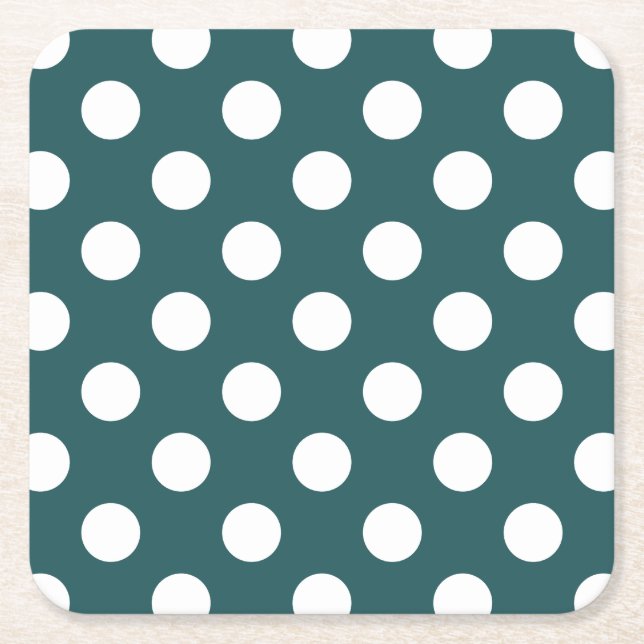 White polka dots on teal square paper coaster (Front)