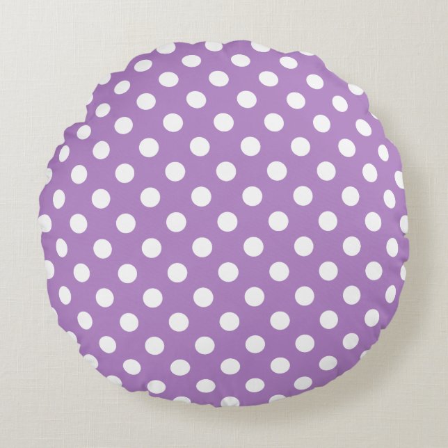 White Polka Dots on Thistle Purple Round Pillow (Front)