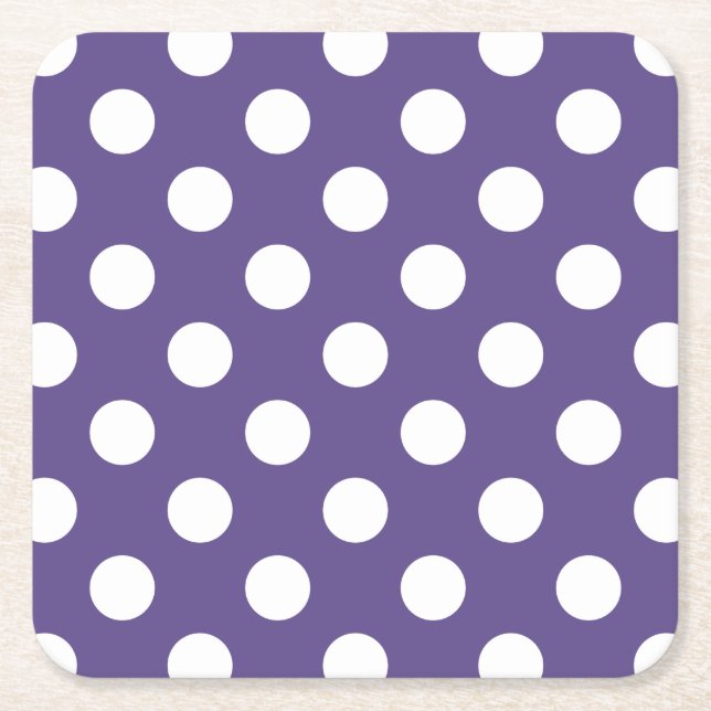 White polka dots on ultra violet square paper coaster (Front)
