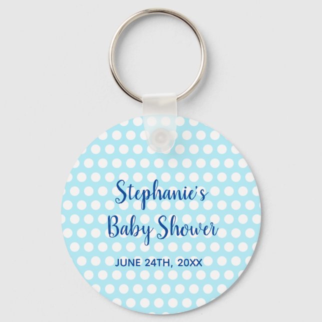 White Polka Dots Teal Blue Girl Boy Baby Shower  Keychain (Front)