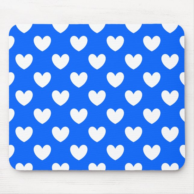 White polka hearts on blue mouse pad (Front)