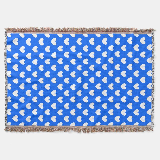 White polka hearts on blue throw blanket (Front)