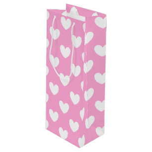 White polka hearts on Cotton Candy Pink Wine Gift Bag