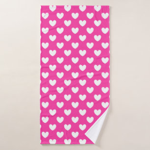White polka hearts on fuchsia pink bath towel