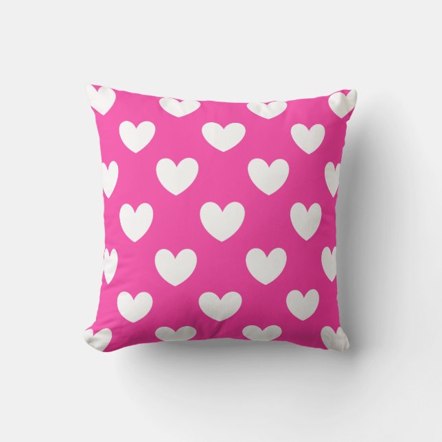 White polka hearts on fuchsia pink throw pillow (Front)