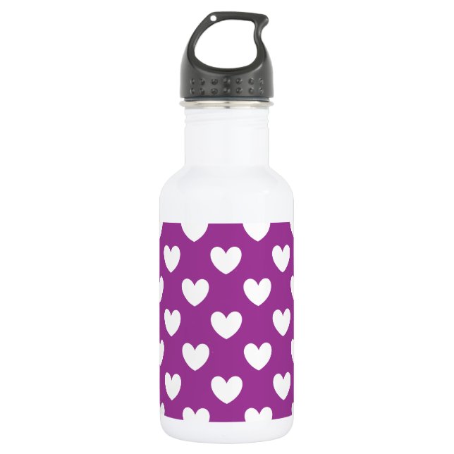 White polka hearts on purple 532 ml water bottle (Front)