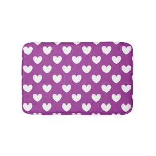White polka hearts on purple bath mat