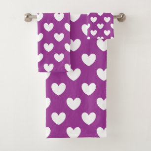 White polka hearts on purple bath towel set