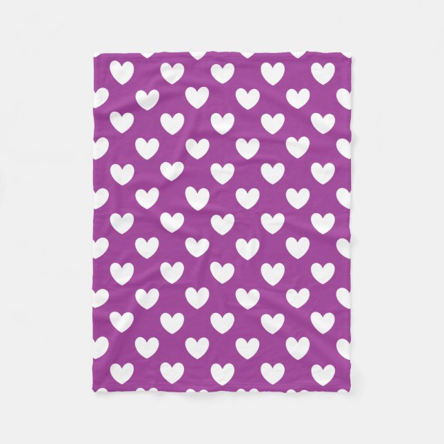 White polka hearts on purple fleece blanket (Front)