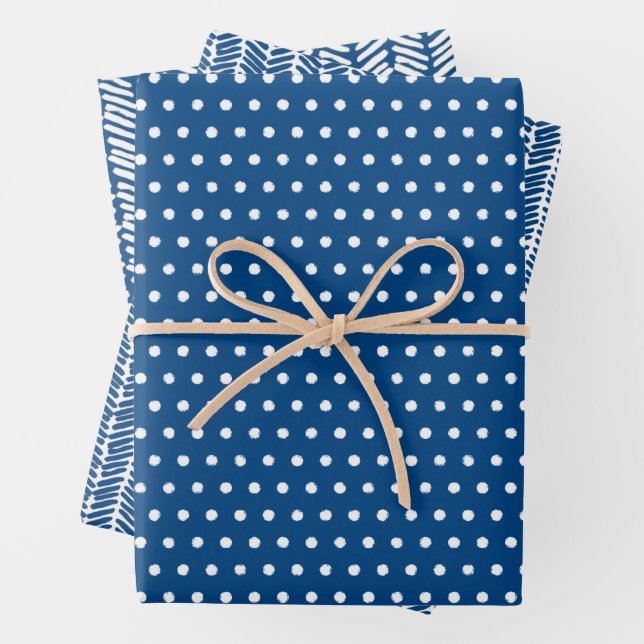 White Polkadots Chevron Stripes On French Blue Wrapping Paper Sheet (In situ)