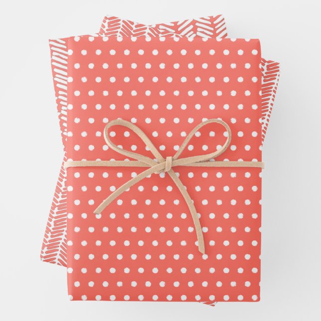 White Polkadots Chevron Stripes Summer Coral Red Wrapping Paper Sheet (In situ)