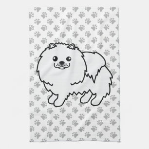 White Pomeranian Cute Cartoon Dog & Paws Kitchen Towel
