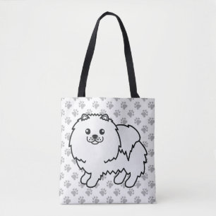 White Pomeranian Cute Cartoon Dog & Paws Tote Bag