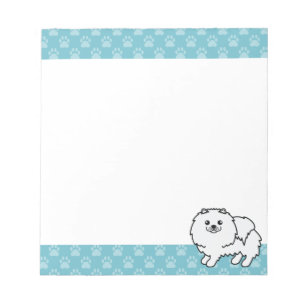 White Pomeranian Dog Illustration And Blue Borders Notepad
