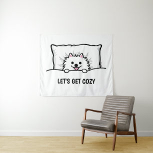 White Pomeranian Dog Let's Get Cozy Cute Pom Tapestry