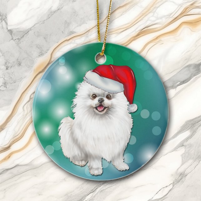 White Pomeranian Dog Red Santa Hat Christmas Ceramic Ornament (Creator Uploaded)