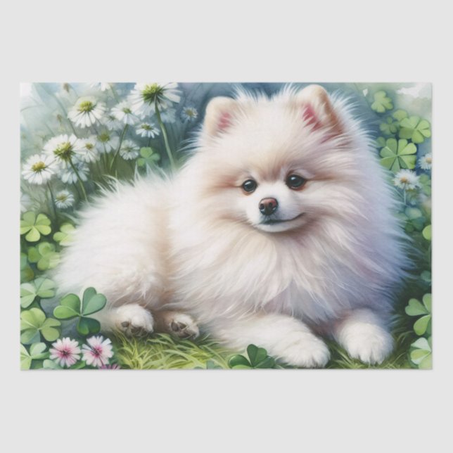 White Pomeranian Dog Watercolor Clover Decoupage Tissue Paper (Front)