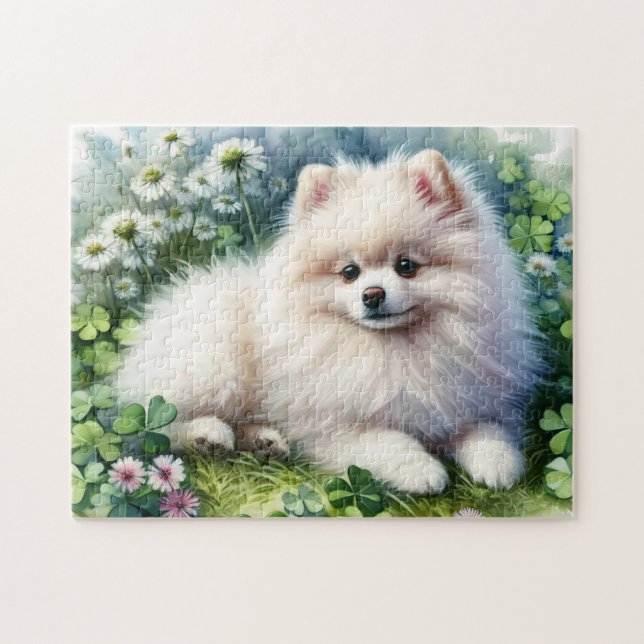 White Pomeranian Dog Watercolor Clover Field Jigsaw Puzzle (Horizontal)