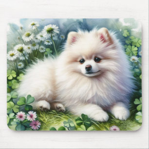 White Pomeranian Dog Watercolor Clover Field Mouse Pad