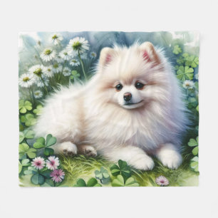 White Pomeranian Green Shamrock Field Fleece Blanket